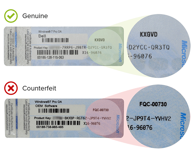 windows 7 genuine vs fake sticker