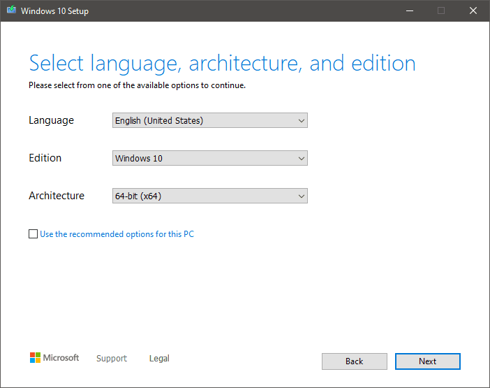 Select your language, edition, and architecture.